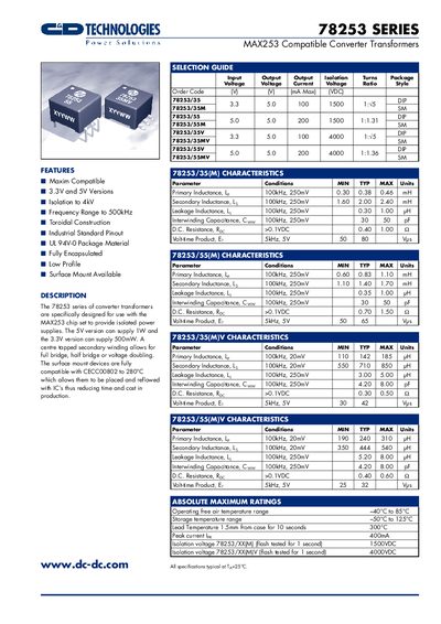C&D Technologies 78253 Series Converter Transformers Datasheet - cover page