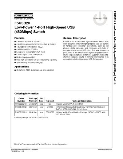FAIRCHILD FSUSB20 Low-Power 1-Port High-Speed USB (480Mbps) Switch Manual - cover page