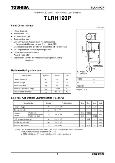 Toshiba TLRH190P LED Lamp Datasheet - cover page