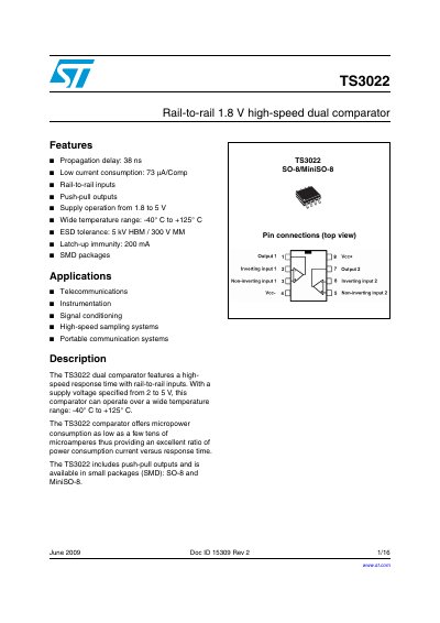 STMicroelectronics TS3022 Dual Comparator Datasheet
