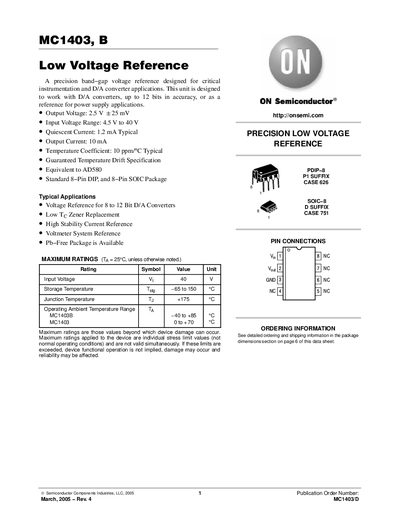 ON Semiconductor MC1403B Low Voltage Reference Datasheet - cover page