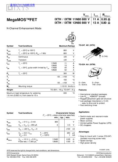 IXYS IXTH/IXTM 11N80/13N80 MOSFET Datasheet - cover page