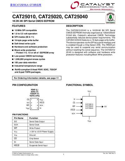 CATALYST CAT25010 CAT25020 CAT25040 1K/2K/4K SPI Serial CMOS EEPROM handbook - cover page
