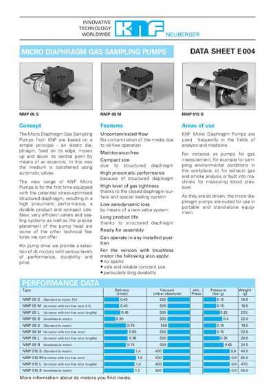 KNF NMP Series Micro Diaphragm Gas Sampling Pumps Datasheet - cover page