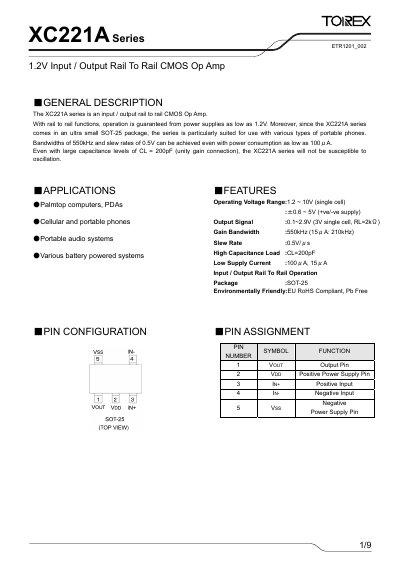 Torex XC221A Series 1.2V Input/Output Rail-to-Rail CMOS Op Amp Datasheet - cover page
