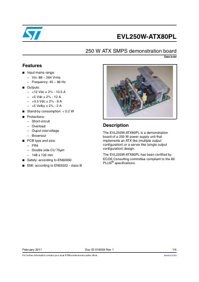 STMicroelectronics EVL250W-ATX80PL 250 W ATX SMPS Demonstration Board Data Sheet
