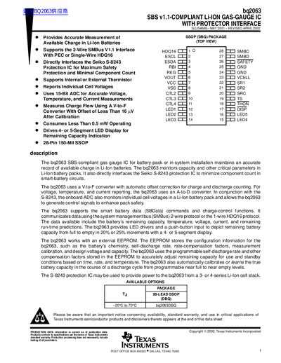 Texas Instruments bq2063 SBS v1.1-Compliant Li-Ion Gas-Gauge IC Datasheet - cover page