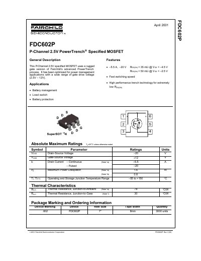 Fairchild FDC602P P-Channel MOSFET Datasheet - cover page