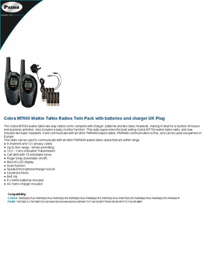 Cobra MT600 Walkie Talkie Twin Pack User Manual - cover page