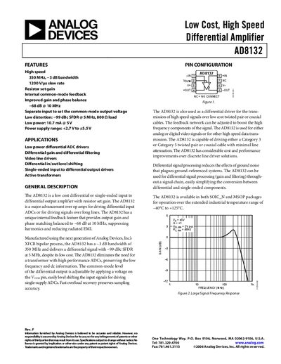 Analog Devices AD8132 Differential Amplifier Datasheet - cover page