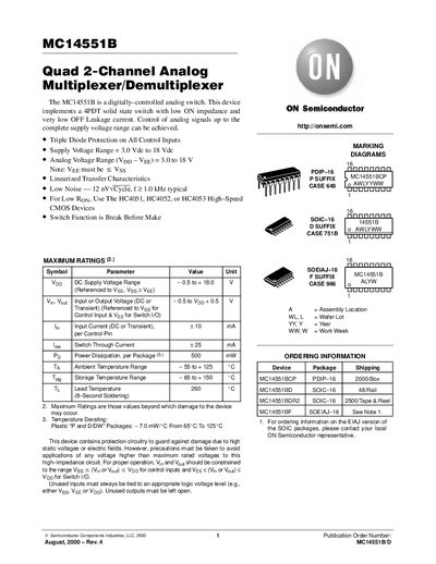 ON Semiconductor MC14551B Quad 2‑Channel Analog Multiplexer/Demultiplexer Datasheet - cover page