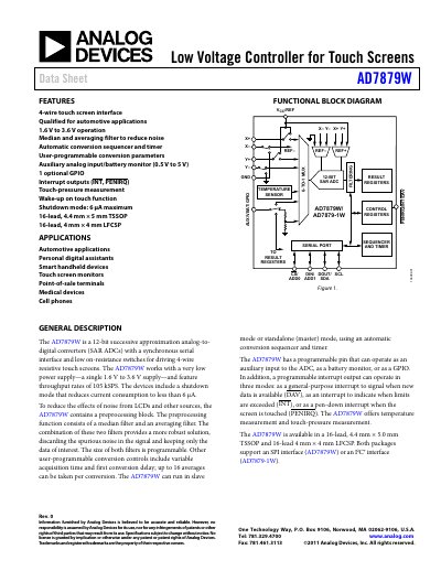 Analog Devices AD7879W Low Voltage Touch Screen Controller Data Sheet