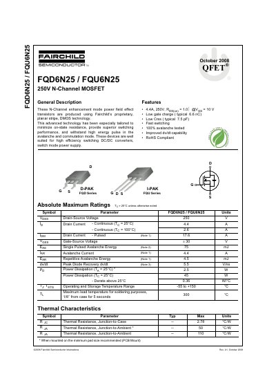 Fairchild FQD6N25/FQU6N25 250V N-Channel MOSFET Datasheet - cover page