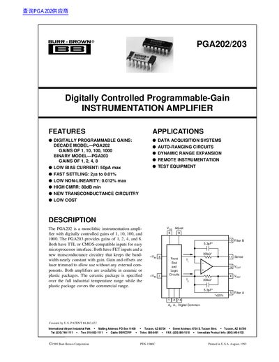 Burr-Brown PGA202/203 Digitally Controlled Programmable-Gain Instrumentation Amplifier Datasheet - cover page