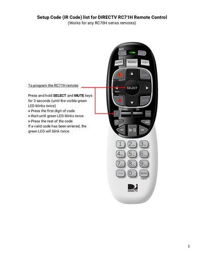 DIRECTV RC71H Remote Control Setup Codes - cover page