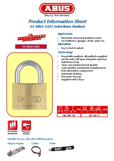 ABUS Product Information Sheet 55 50KA 5503 Solid Brass Padlock Manual - cover page