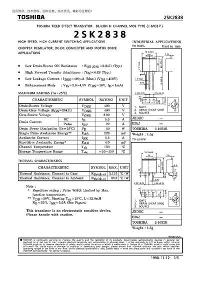 Toshiba 2SK2838 N‑Channel MOSFET Datasheet - cover page