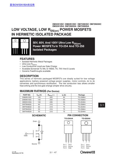 omnlrel OM55N10SC OM55N10SA OM75N05SC OM75N06SC OM75N06SA OM60N10SC OM75N05SA 50V 60V And 100V Ultra Low RDS(on) Power MOSFETs In TO-254 And TO-258 Isolated Packages - cover page
