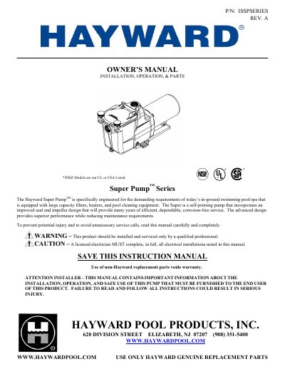Hayward Super Pump Series Owner's Manual Installation Operation Parts - cover page