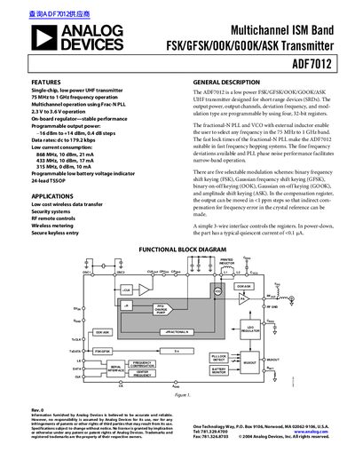 Analog Devices ADF7012 Multichannel ISM Band Transmitter Datasheet