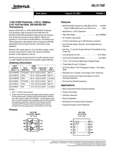 Intersil ISL3179E RS-485/RS-422 Transceiver Datasheet - cover page