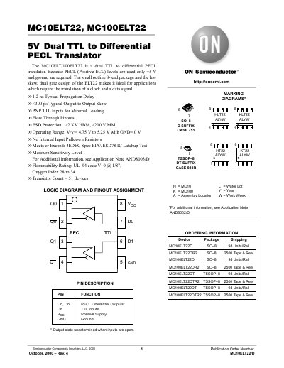 ON Semiconductor MC10ELT22/MC100ELT22 Datasheet - cover page