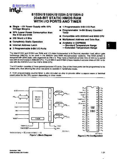 intel 8155H/8156H/8155H-2/8156H-2 2048-BIT STATIC HMOS RAM WUTH I/O PORTS AND TIMNER - cover page