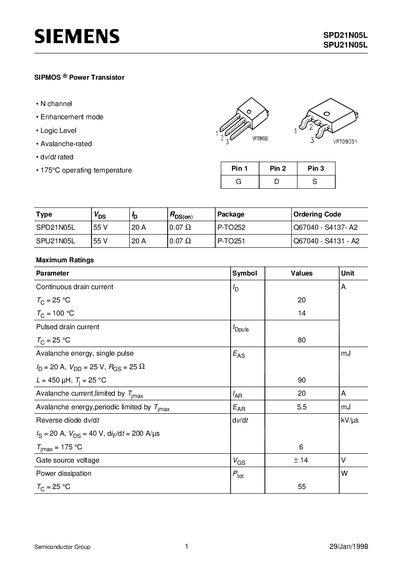 Siemens SPD21N05L/SPU21N05L SIPMOS Power Transistor Datasheet - cover page
