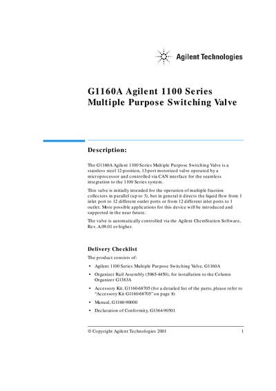 Agilent G1160A Agilent 1100 Series Multiple Purpose Switching Valve Manual - cover page