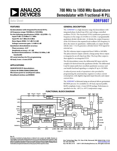 Analog Devices ADRF6807 Quadrature Demodulator Data Sheet - cover page