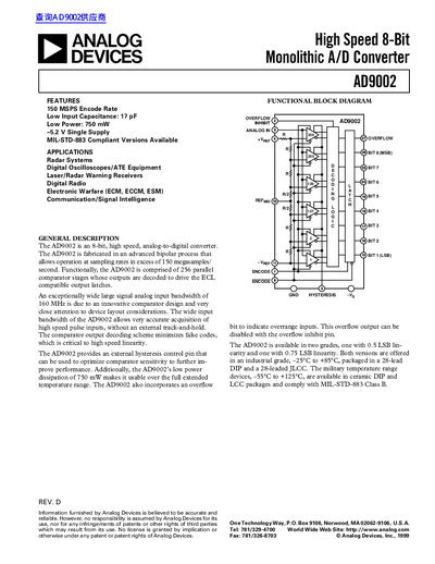 Analog Devices AD9002 High Speed 8-Bit Monolithic A/D Converter Datasheet - cover page
