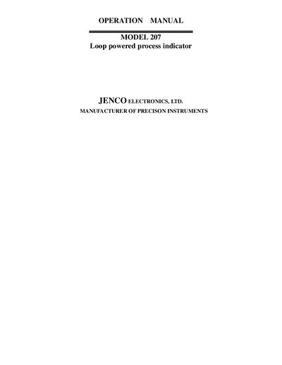 Jenco 207 Loop Powered Process Indicator Operation Manual - cover page