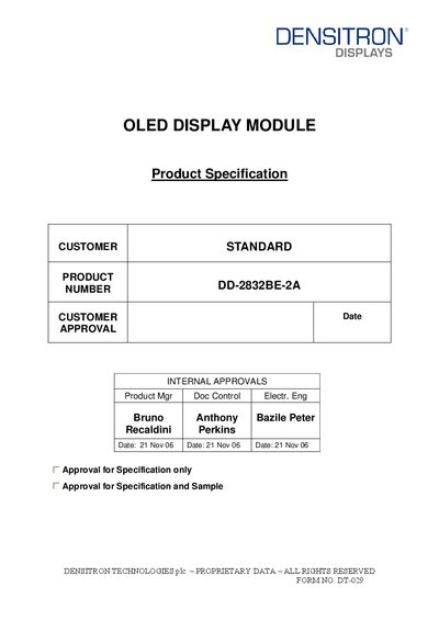 Densitron DD-2832BE-2A OLED Display Module Data Sheet - cover page