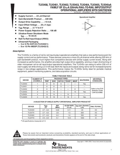 Texas Instruments TLV2450 Operational Amplifier Datasheet