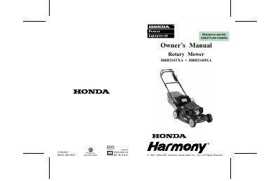 Honda HRB216TXA/HRB216HXA Rotary Mower Owner's Manual - cover page