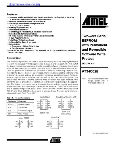 Atmel AT34C02B Serial EEPROM Datasheet - cover page