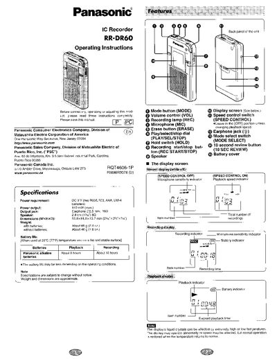 Panasonic RR-DR60 IC Recorder Operating Instructions - cover page