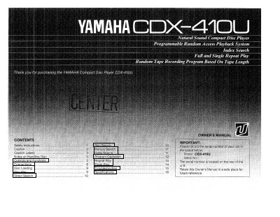 Yamaha CDX-410U Natural Sound Compact Disc Player Manual - cover page