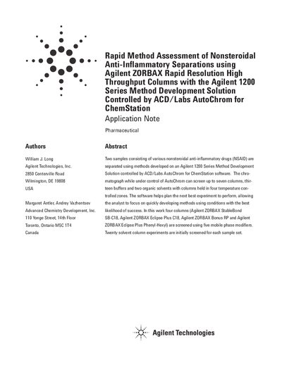 Agilent Rapid Method Assessment of Nonsteroidal Anti-Inflammatory Separations using Agilent ZORBAX Rapid Resolution High Throughput Columns with the Agilent 1200 Series Method Development Solution Con - cover page