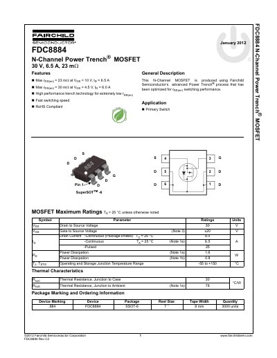 Fairchild Semiconductor FDC8884 N-Channel Power Trench MOSFET Datasheet - cover page