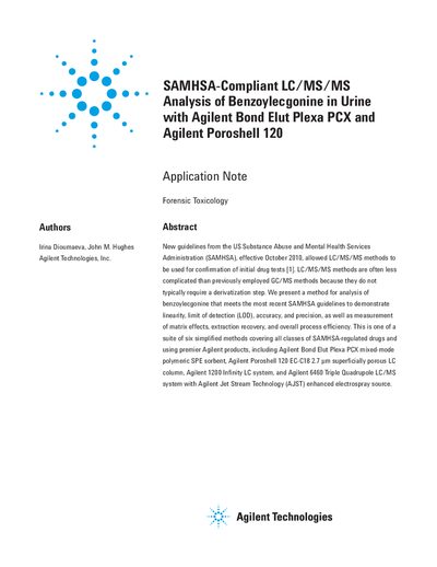 Agilent SAMHSA-Compliant LC/MS/MS Analysis of Benzoylecgonine in Urine with Agilent Bond Elut Plexa PCX Agilent Poroshell 120 Manual - cover page