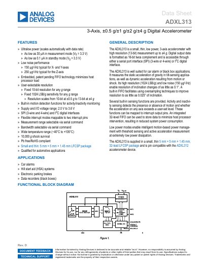 Analog Devices ADXL313 Digital Accelerometer Data Sheet - cover page