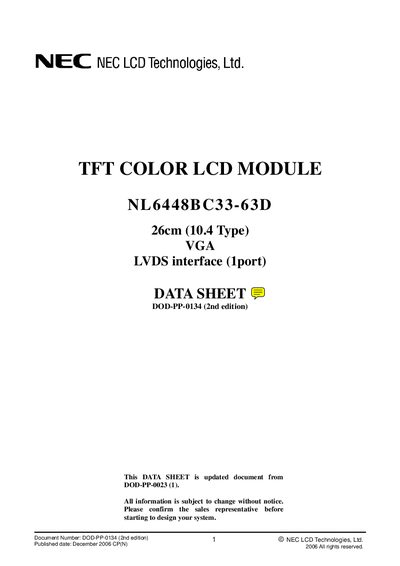 NEC NL6448BC33-63D LCD Module Datasheet - cover page