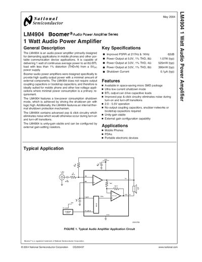 National Semiconductor LM4904 1 Watt Audio Power Amplifier Datasheet - cover page
