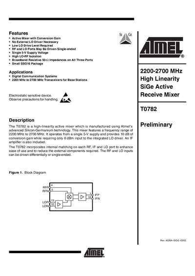 Atmel T0782 SiGe Active Mixer Datasheet - cover page