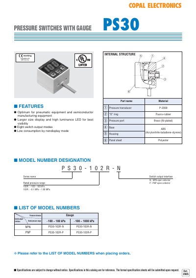 Copal Electronics PS30 Pressure Switches with Gauge User Manual - cover page