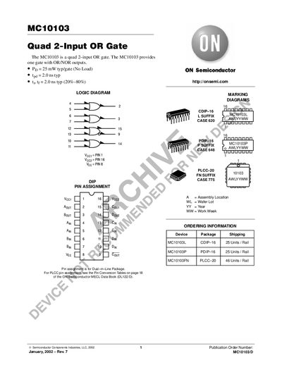 ON Semiconductor MC10103 Quad 2-Input OR Gate Datasheet - cover page