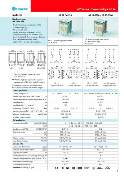 Finder 62 Series 16 A Power Relay Product Leaflet - cover page