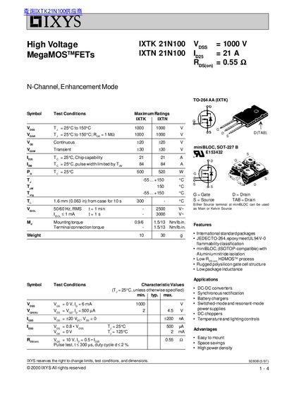 IXYS IXTK 21N100/IXTN 21N100 Manual - cover page
