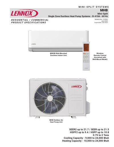 MHB Mini-Split Single Zone Ductless Heat Pump Systems R-410A Product Specification